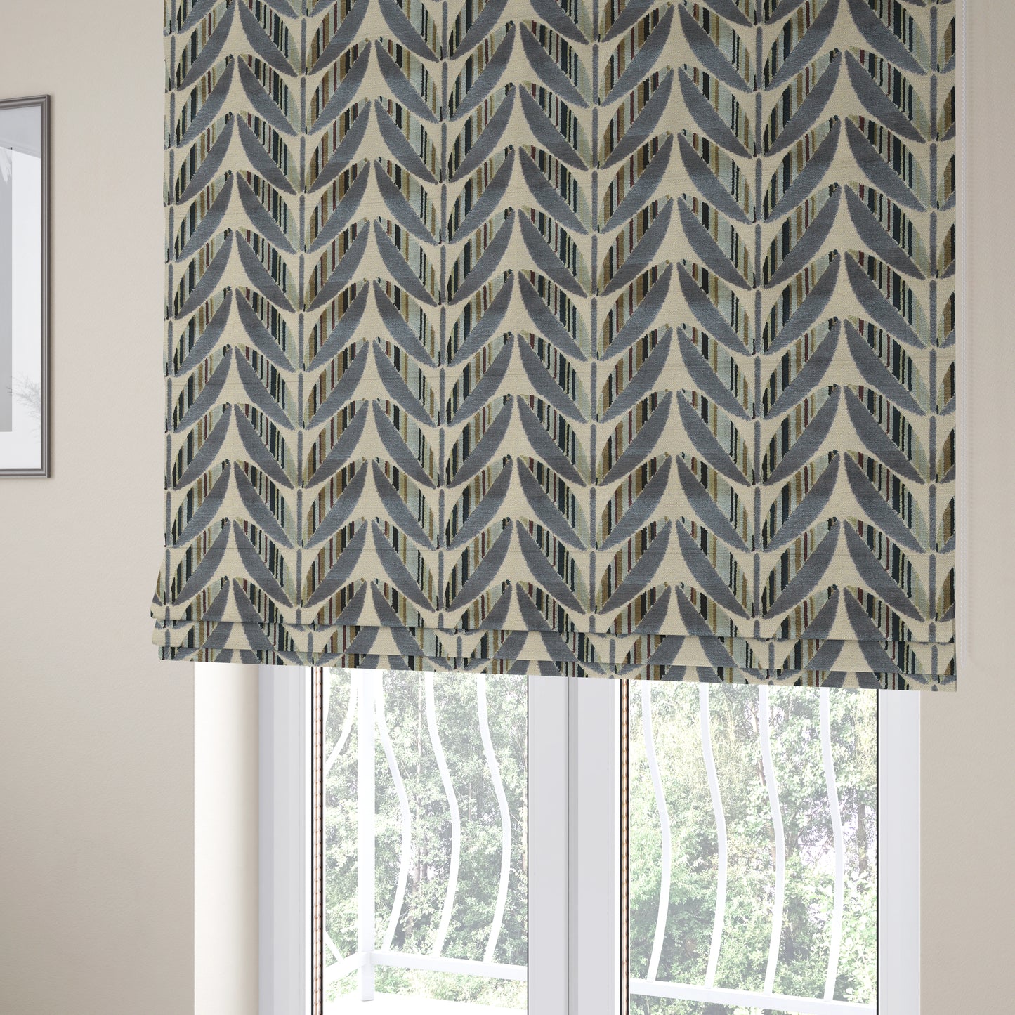 Ziani Modern Abstract Geometric Pattern Velvet Blue Colour JO-615 - Roman Blinds