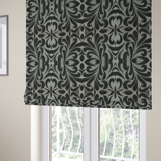 Black Silver Coloured Floral Pattern Soft Chenille Upholstery Fabric JO-618 - Roman Blinds