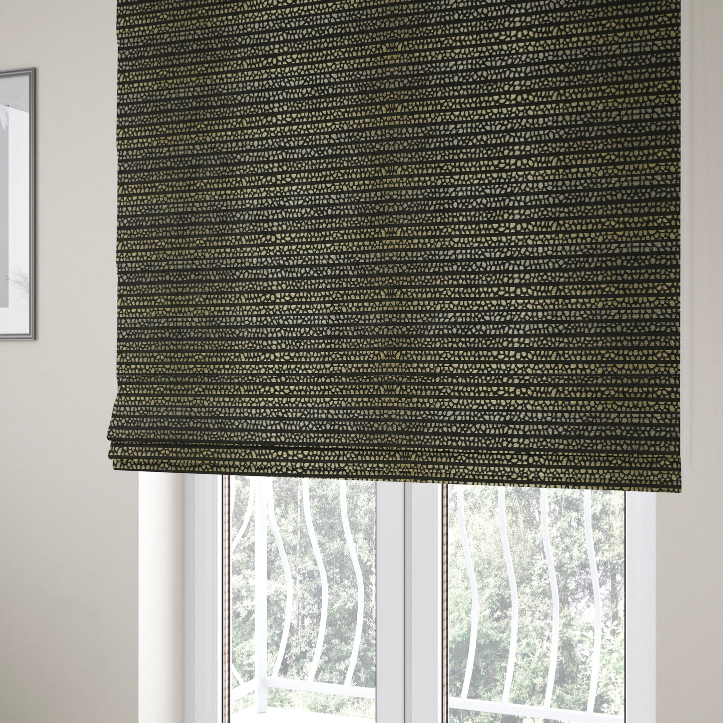 Hollywood Black and Gold Shine Effect Geometric Small Motif Pattern Soft Chenille Upholstery Fabric JO-62 - Roman Blinds