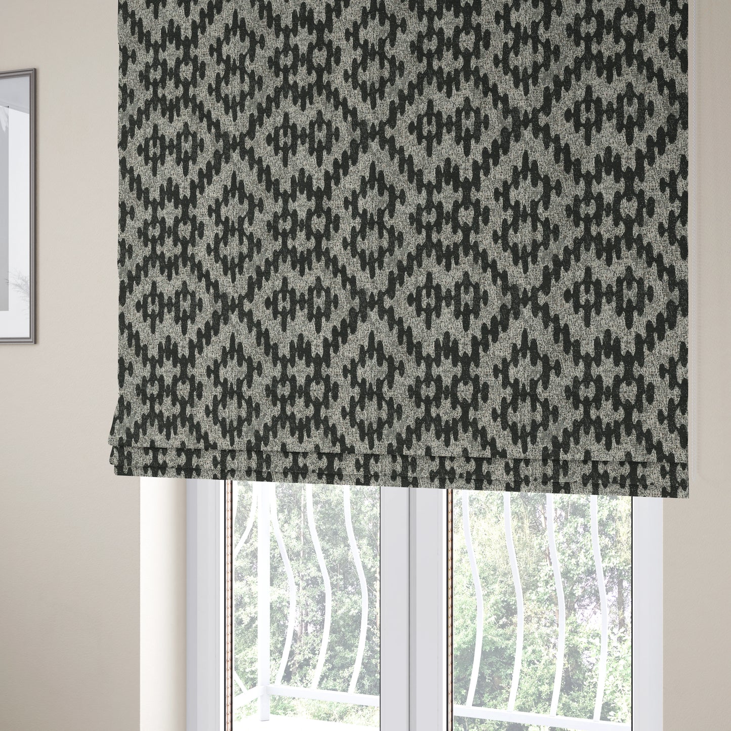 Lomasi Metallic Tones Fabric Black Silver Kilim Aztec Traditional Designer Furnishing Fabric JO-623 - Roman Blinds