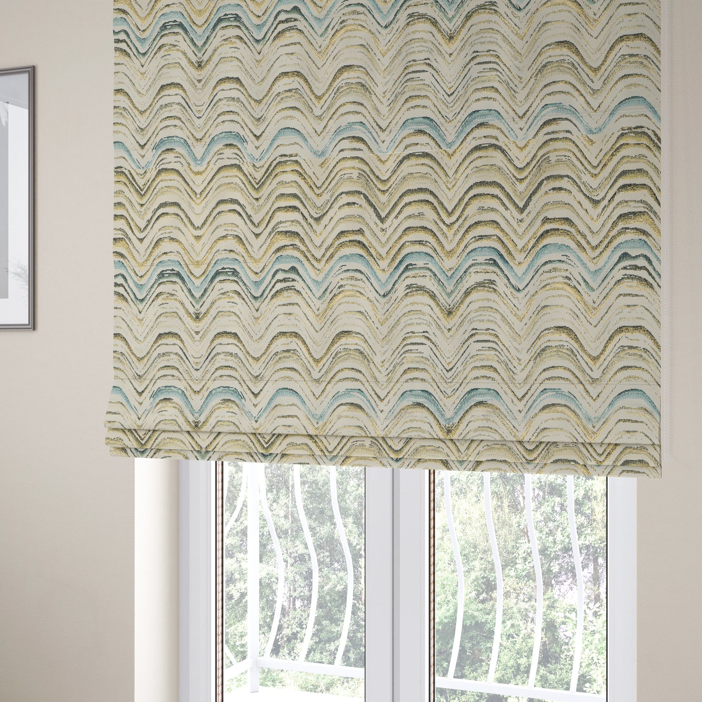 Rhythm Fabrics Collection Funky Waves Pattern Blue Colour Chenille Upholstery Fabric JO-628 - Roman Blinds