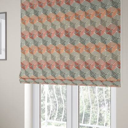 Rhythm Fabrics Collection 3D Effect Geometric Pattern In Red Orange Grey Colour Chenille Upholstery Fabric JO-633 - Roman Blinds