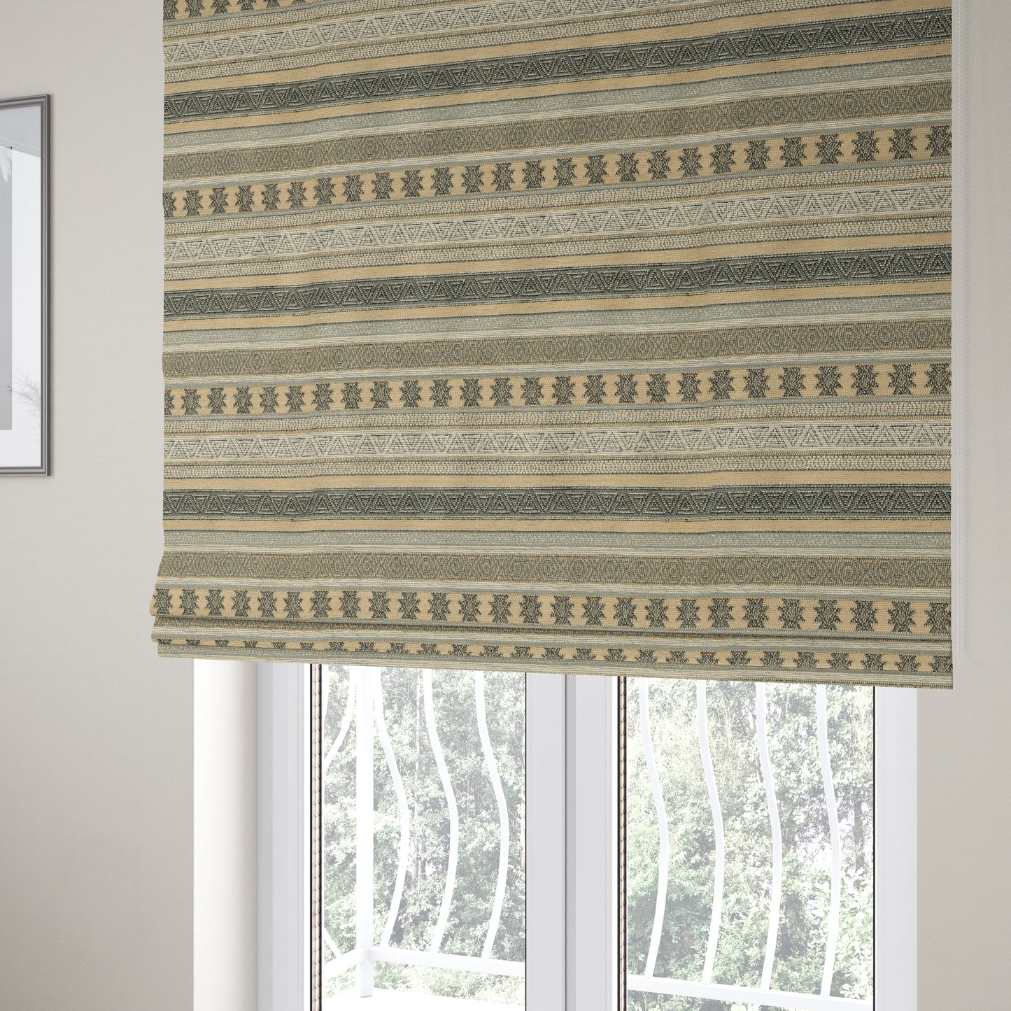 Mirador Medallion Striped Pattern In Grey Beige Colour Chenille Fabrics JO-636 - Roman Blinds