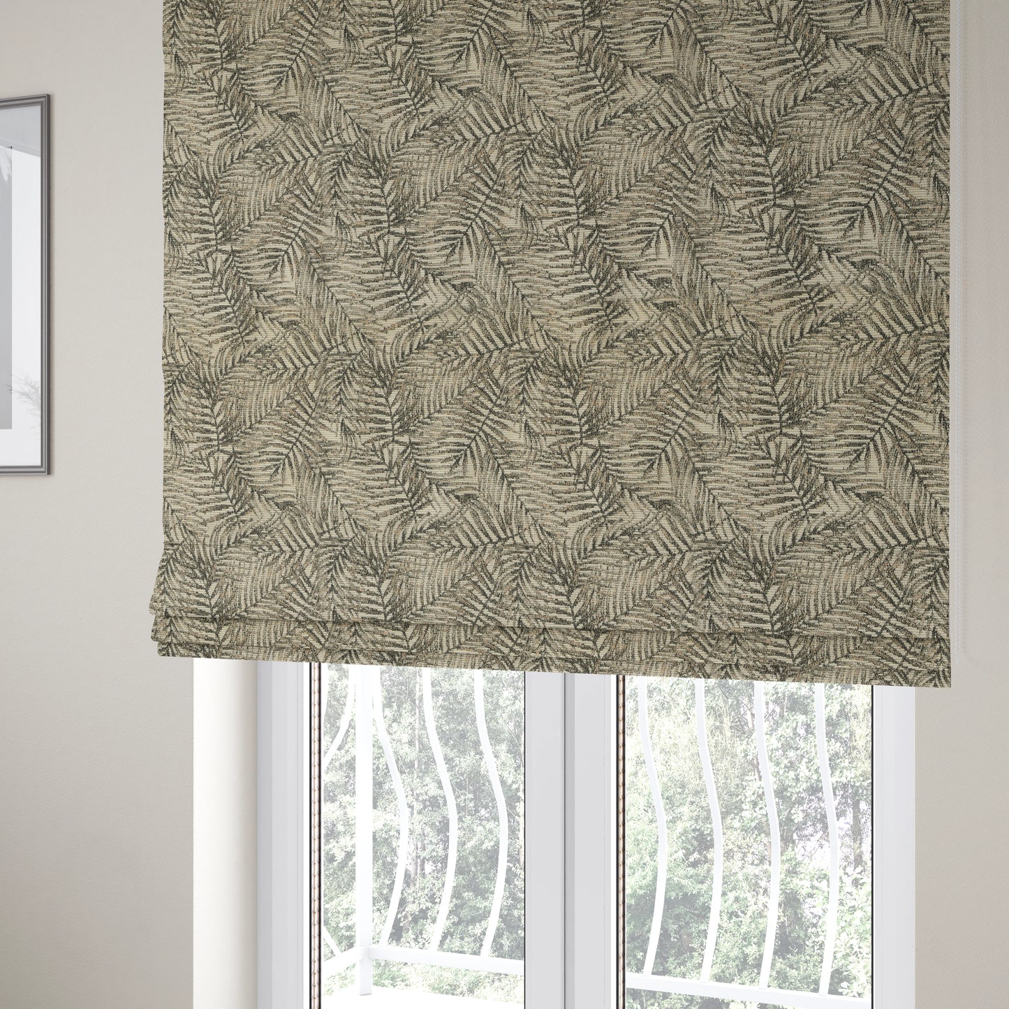 Fantasque All Over Jungle Leaf Inspired Pattern White Grey Brown Colour Chenille Fabric JO-638 - Roman Blinds