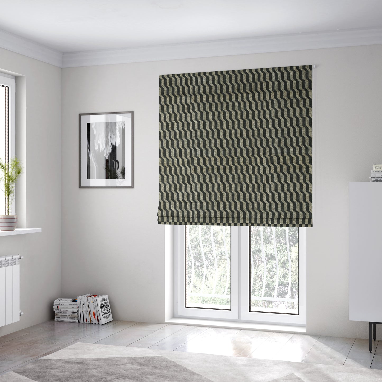 Lomasi Metallic Tones Fabric Silver Black Colour Geometric Striped Pattern Furnishing Fabric JO-645 - Roman Blinds