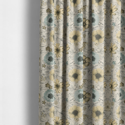 Rhythm Fabrics Collection Floral Pattern Blue Colour Chenille Upholstery Fabric JO-646 - Made To Measure Curtains