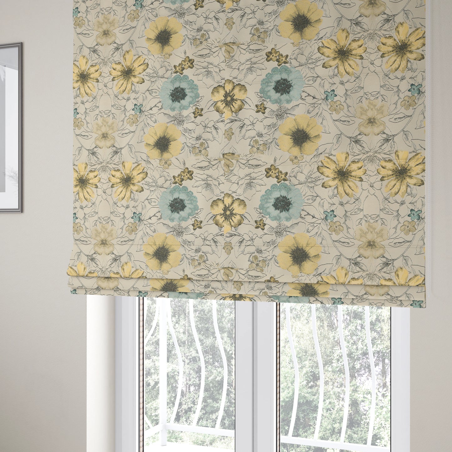 Rhythm Fabrics Collection Floral Pattern Blue Colour Chenille Upholstery Fabric JO-646 - Roman Blinds