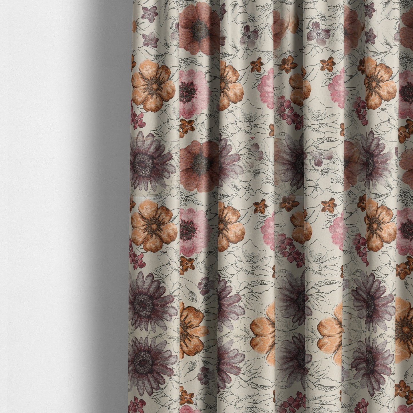 Rhythm Fabrics Collection Floral Pattern Pink Purple Orange Colour Chenille Upholstery Fabric JO-652 - Made To Measure Curtains