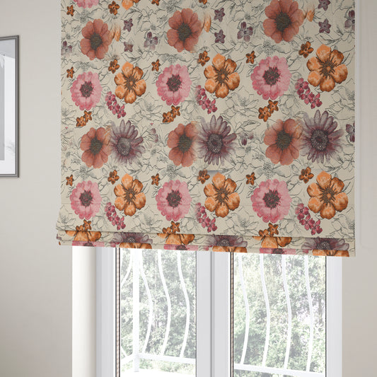 Rhythm Fabrics Collection Floral Pattern Pink Purple Orange Colour Chenille Upholstery Fabric JO-652 - Roman Blinds