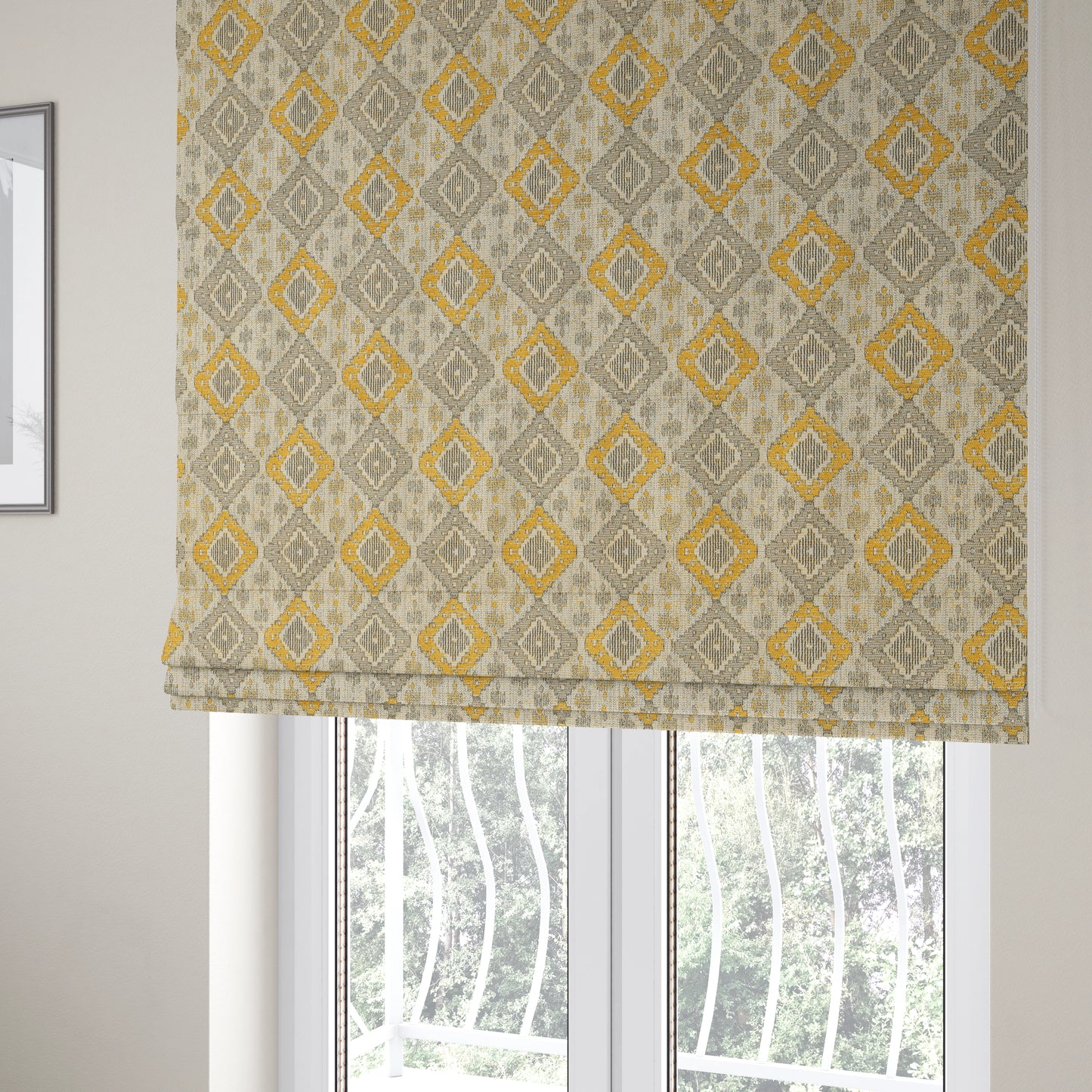 Atmosfera Quality Woven Geometric Inspired Pattern In Yellow Colour Fabric JO-655 - Roman Blinds