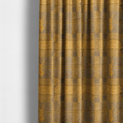 Highland Collection Luxury Soft Like Cotton Feel Stag Deer Head Animal Design On Checked Yellow Colour Background Chenille Upholstery Fabric JO-666 - Made To Measure Curtains