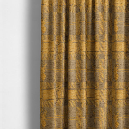 Highland Collection Luxury Soft Like Cotton Feel Stag Deer Head Animal Design On Checked Yellow Colour Background Chenille Upholstery Fabric JO-666 - Made To Measure Curtains