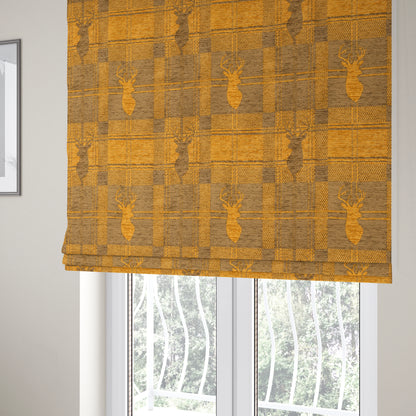 Highland Collection Luxury Soft Like Cotton Feel Stag Deer Head Animal Design On Checked Yellow Colour Background Chenille Upholstery Fabric JO-666 - Roman Blinds