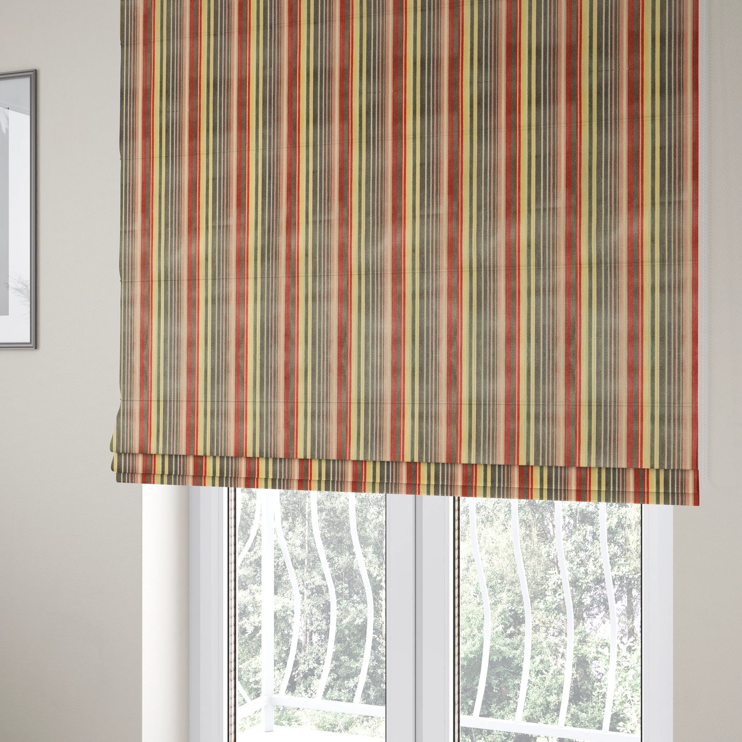 Ziani Cut Velvet Fabric In Broad Line Pattern Spring Red Yellow Grey Purple Colour JO-67 - Roman Blinds