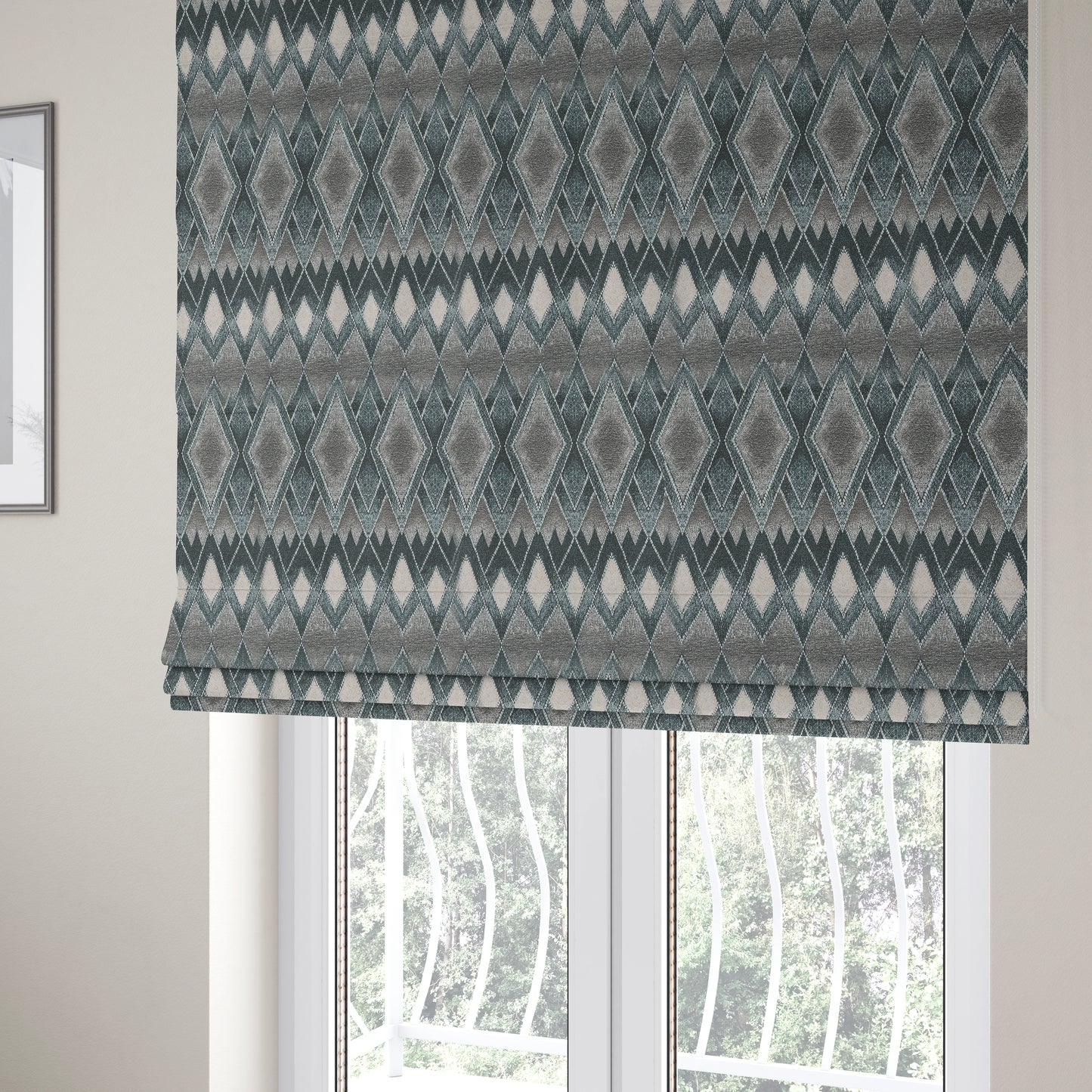 Elwin Decorative Weave Teal Blue Colour Geometric Pattern Jacquard Fabric JO-674 - Roman Blinds