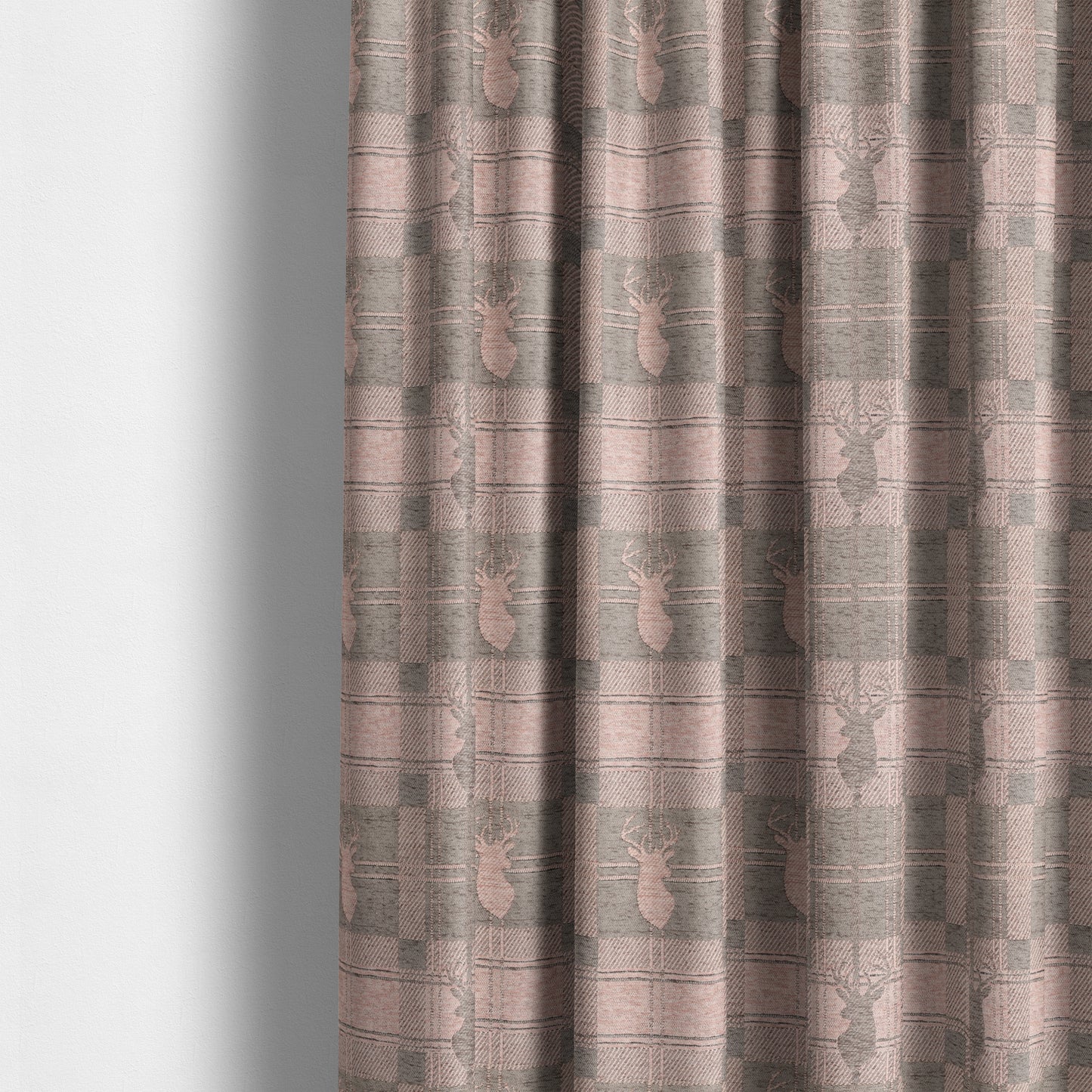 Highland Collection Luxury Soft Like Cotton Feel Stag Deer Head Animal Design On Checked Pink Brown Colour Background Chenille Upholstery Fabric JO-693 - Made To Measure Curtains