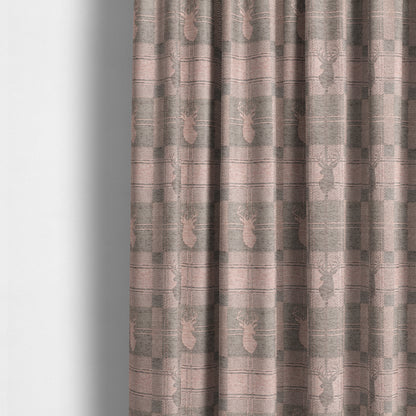 Highland Collection Luxury Soft Like Cotton Feel Stag Deer Head Animal Design On Checked Pink Brown Colour Background Chenille Upholstery Fabric JO-693 - Made To Measure Curtains