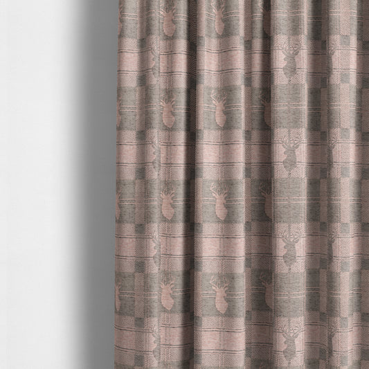 Highland Collection Luxury Soft Like Cotton Feel Stag Deer Head Animal Design On Checked Pink Brown Colour Background Chenille Upholstery Fabric JO-693 - Made To Measure Curtains