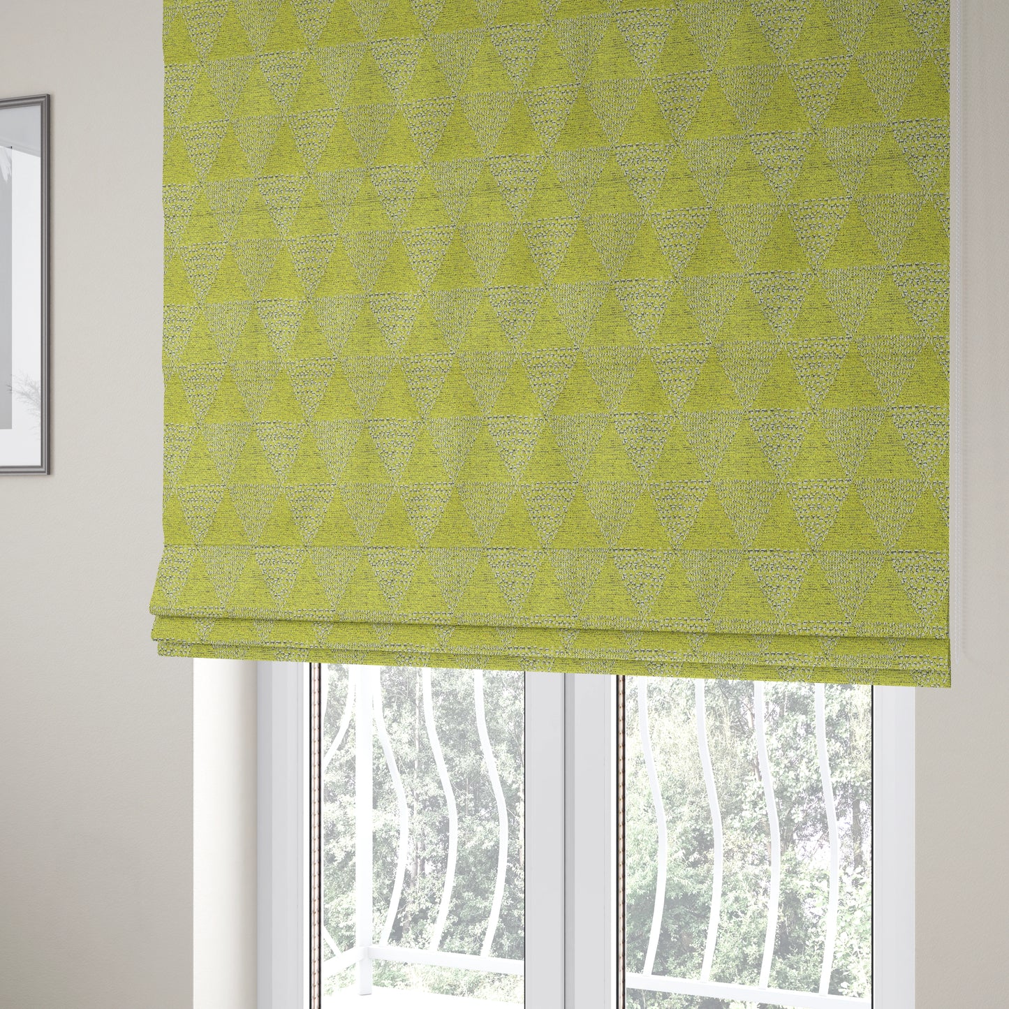 Piccadilly Collection Geometric Triangle Pattern Woven Upholstery Green White Chenille Fabric JO-698 - Roman Blinds