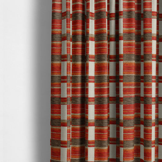 Modern Geometric Block Pattern Red Orange Brown Chenille Upholstery Fabric JO-705 - Made To Measure Curtains