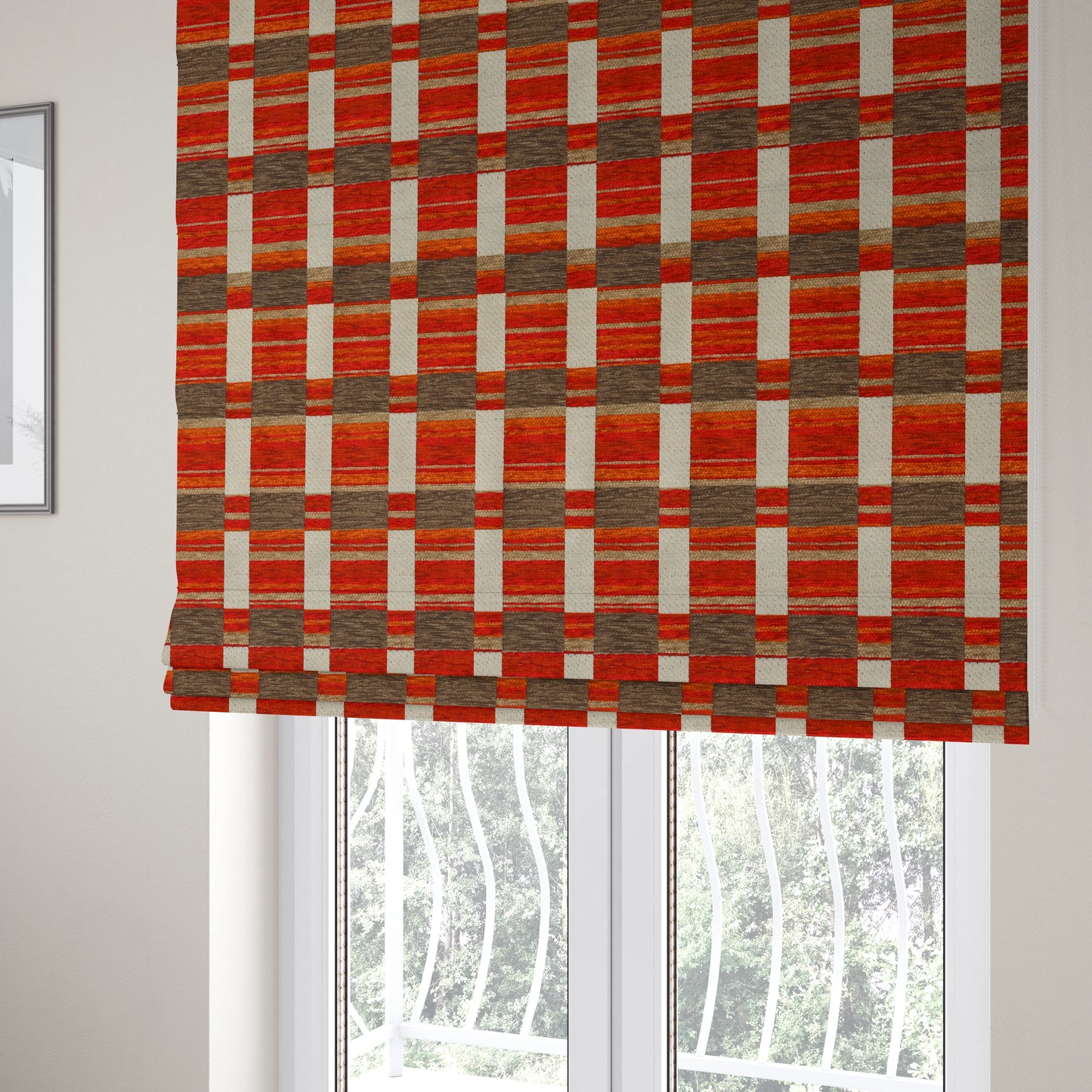 Modern Geometric Block Pattern Red Orange Brown Chenille Upholstery Fabric JO-705 - Roman Blinds