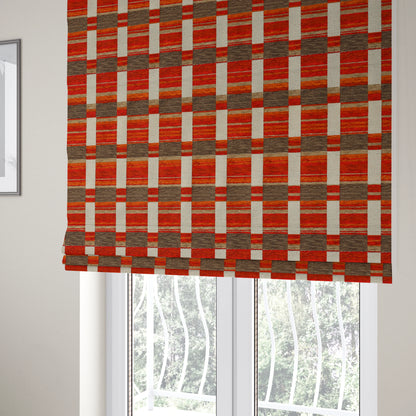 Modern Geometric Block Pattern Red Orange Brown Chenille Upholstery Fabric JO-705 - Roman Blinds