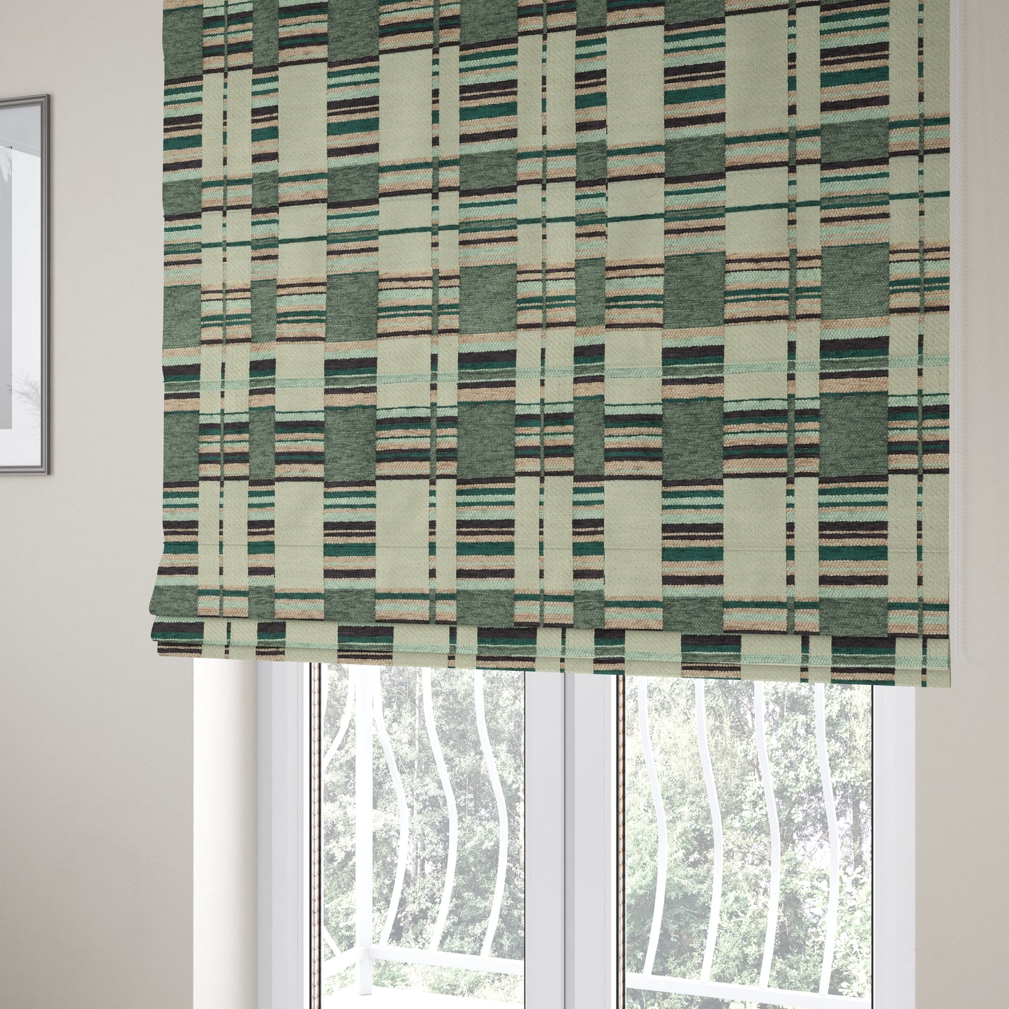 Modern Geometric Block Pattern Blue Tones Colour Chenille Upholstery Fabric JO-706 - Roman Blinds