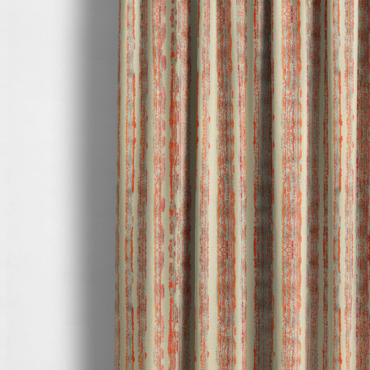 Vertical Striped Pattern In Red Orange Grey Colour Velvet Upholstery Fabric JO-715 - Made To Measure Curtains