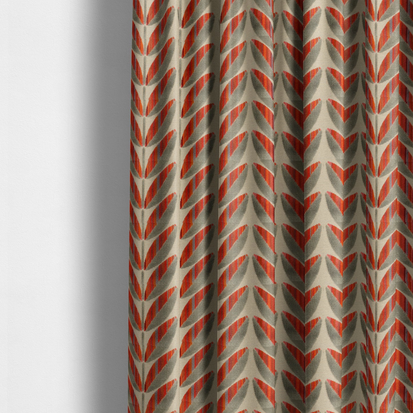 Floral Leaf Pattern In Red Orange Grey Colour Velvet Upholstery Fabric JO-716 - Made To Measure Curtains