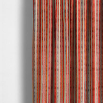 Railroaded Vertical Striped Pattern In Red Orange Grey Colour Velvet Upholstery Fabric JO-717 - Made To Measure Curtains