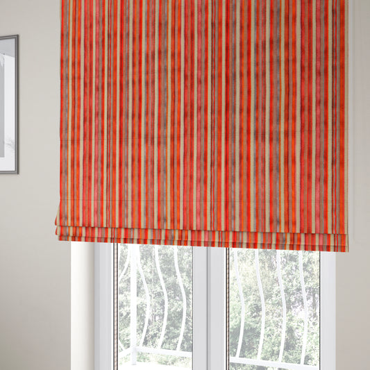 Railroaded Vertical Striped Pattern In Red Orange Grey Colour Velvet Upholstery Fabric JO-717 - Roman Blinds