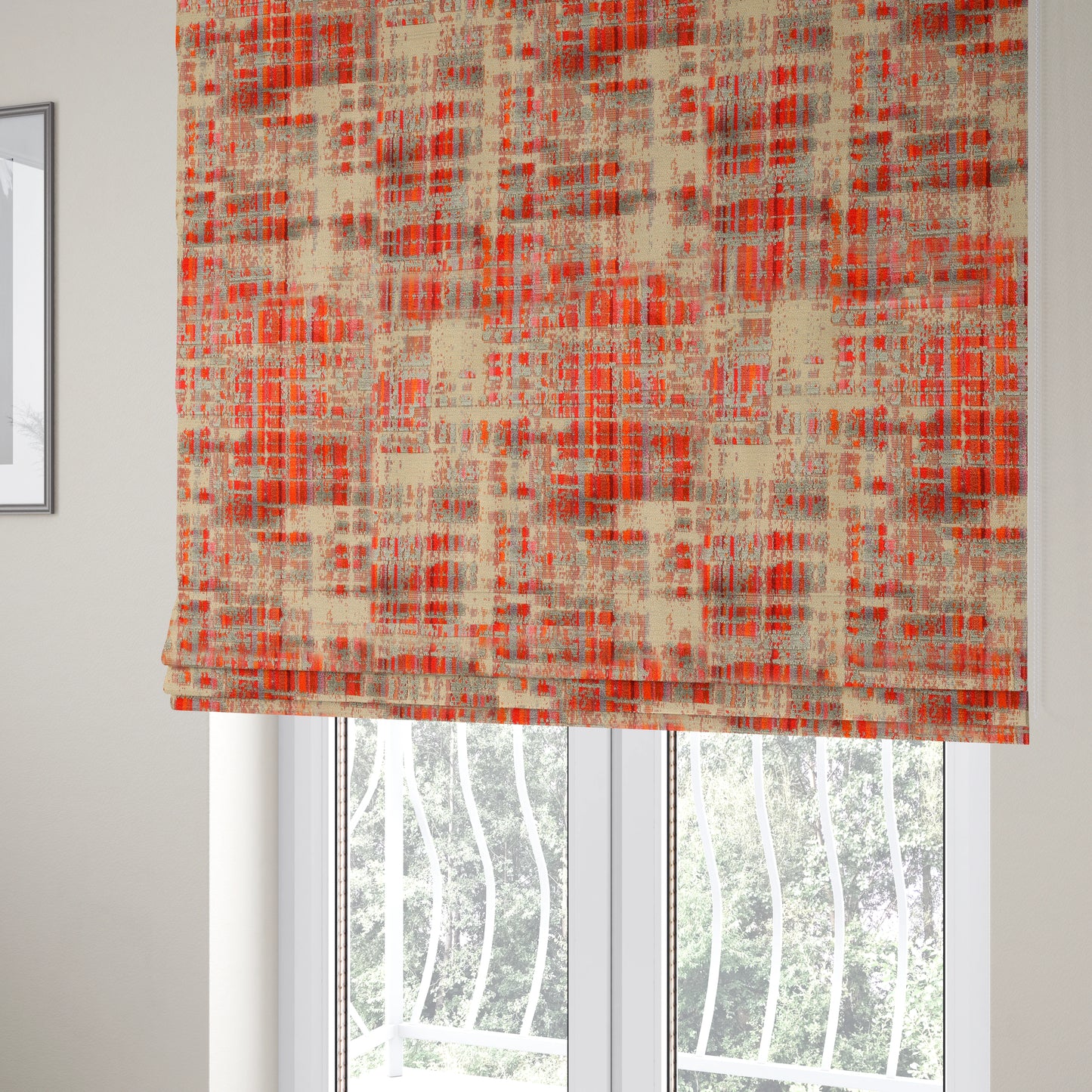 Abstract Pattern In Red Orange Grey Colour Velvet Upholstery Fabric JO-718 - Roman Blinds