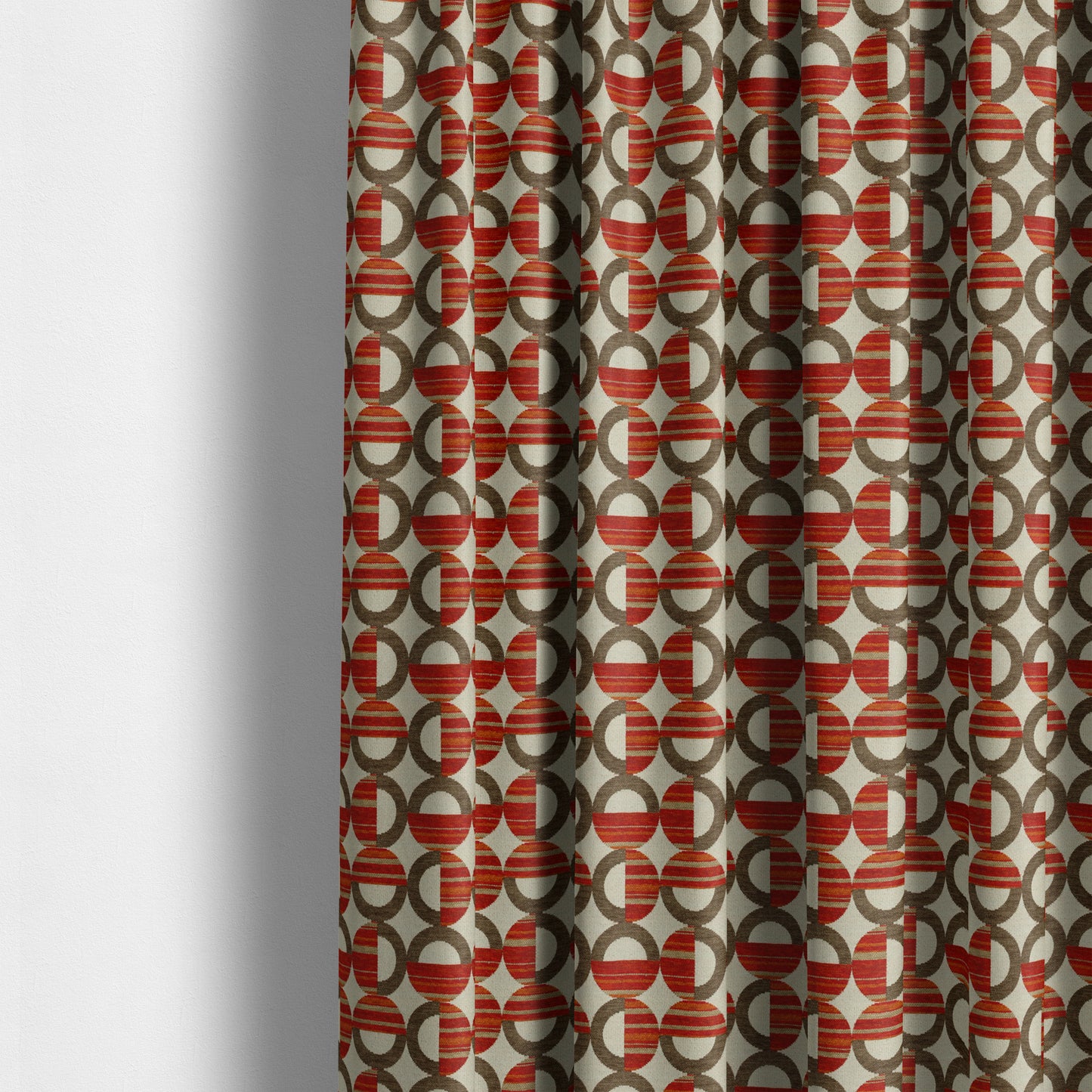 Circular Shape Modern Pattern In Brown Red Orange Colour Chenille Upholstery Fabric JO-753 - Made To Measure Curtains