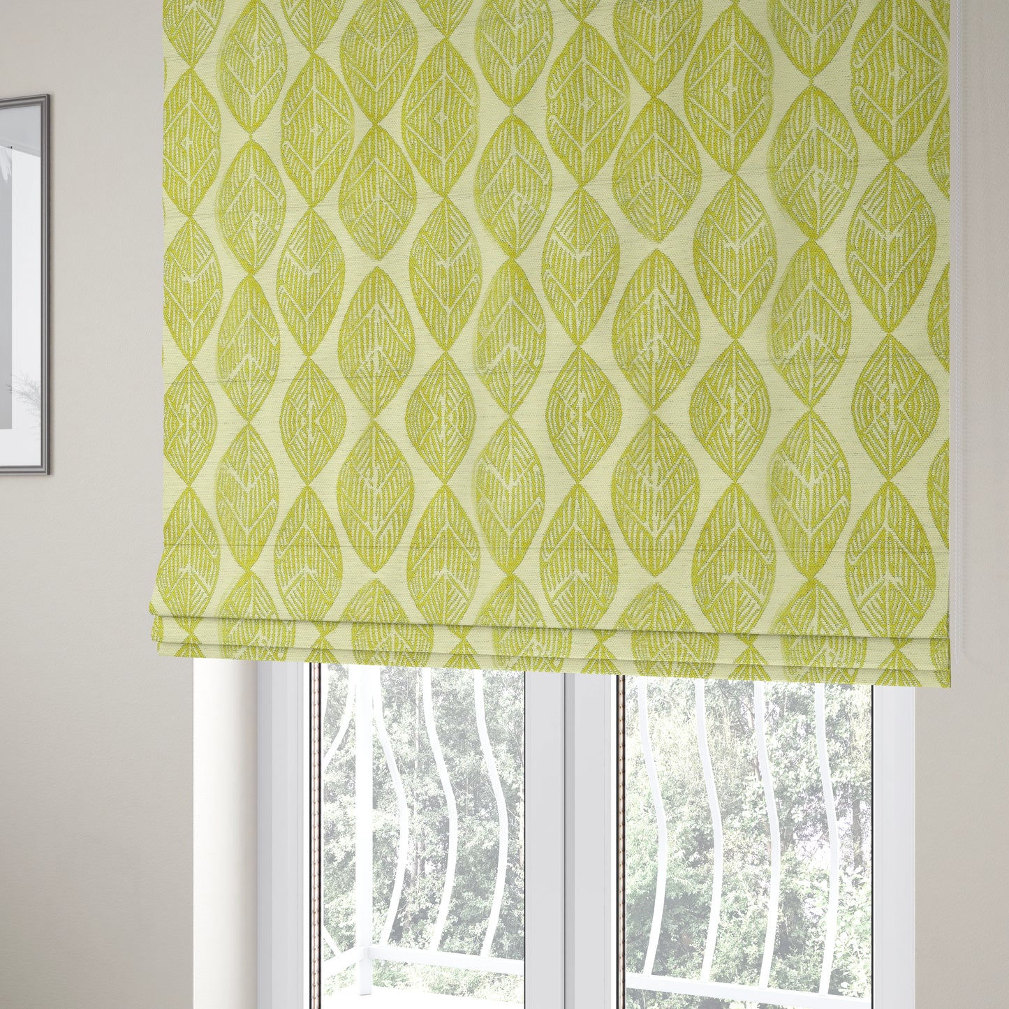 Cream Green Colour Uniformed Leaf Pattern Chenille Upholstery Fabric JO-755 - Roman Blinds