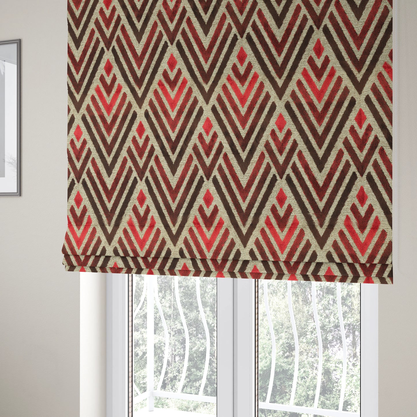 Modern Geometric Pattern In Pink Burgundy Colour Velvet Upholstery Fabric JO-756 - Roman Blinds