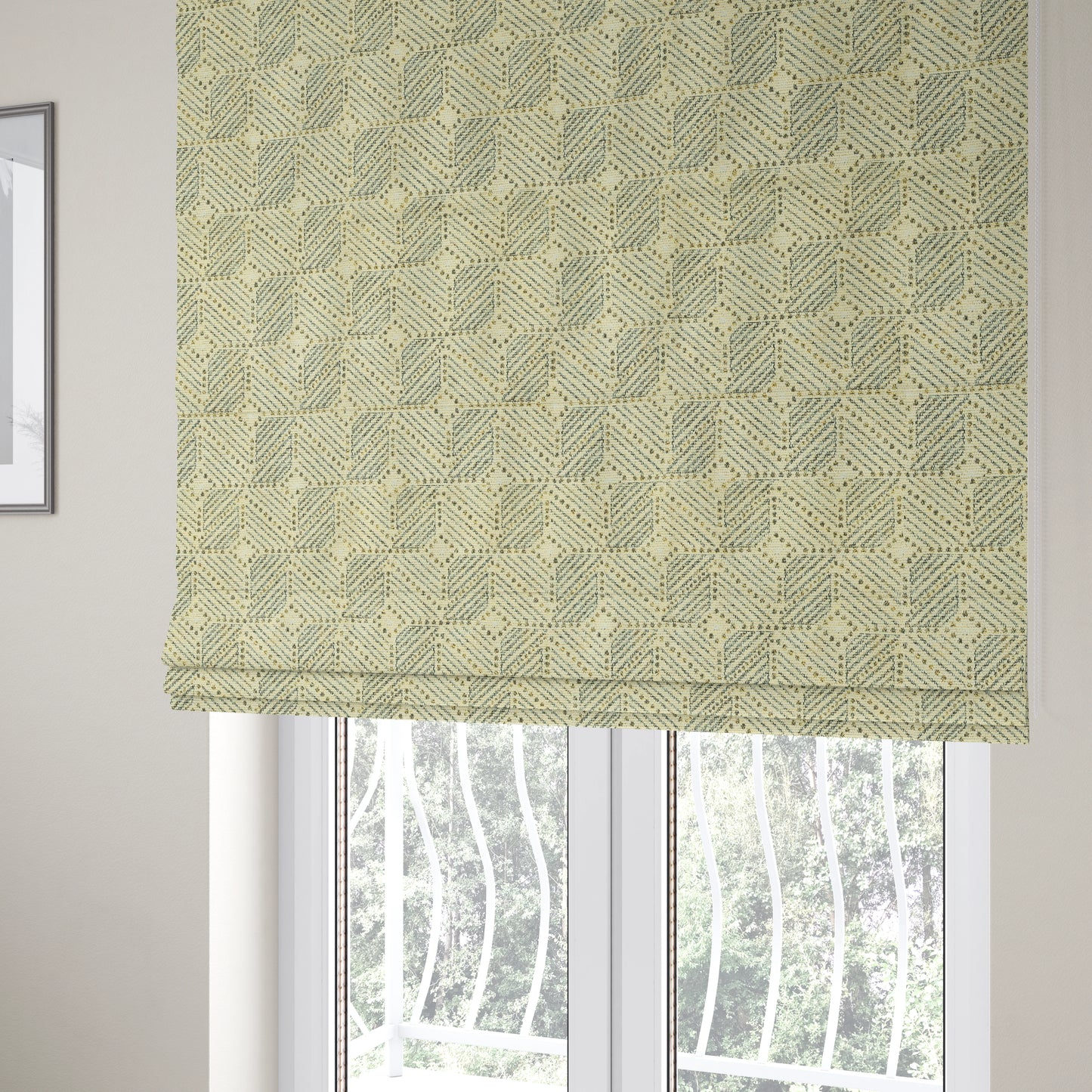 Cream Blue Colour Square Geometric Pattern Chenille Upholstery Fabric JO-764 - Roman Blinds