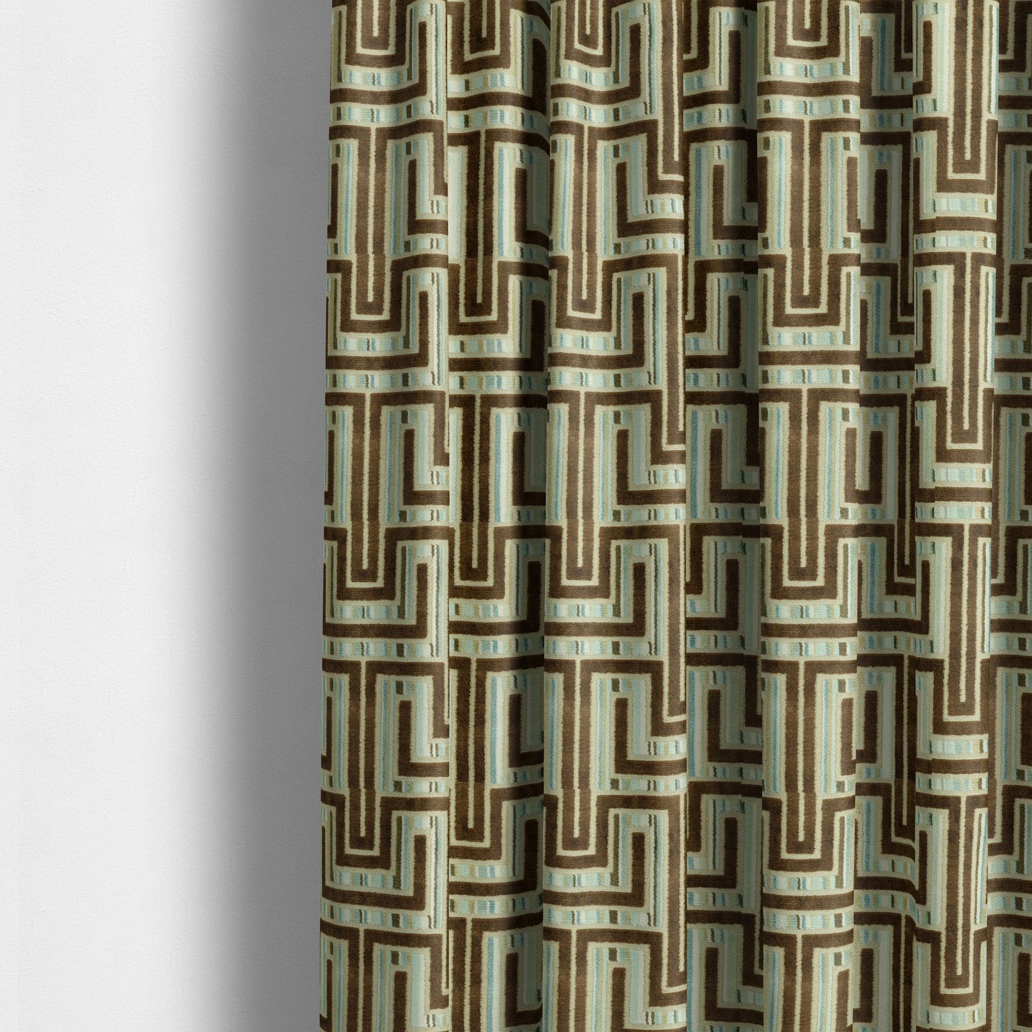 Maze Geometric Modern Pattern In Blue Brown Colour Velvet Upholstery Fabric JO-767 - Made To Measure Curtains