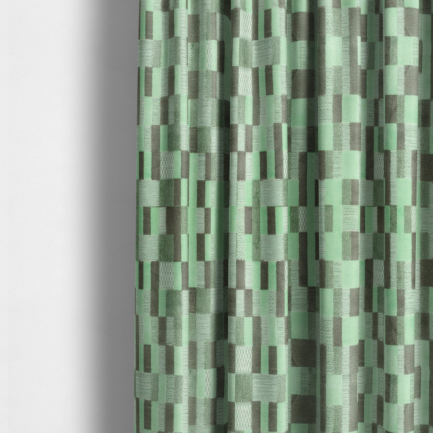 Modern Geometric Pattern In Green Grey Colour Velvet Upholstery Fabric JO-772 - Made To Measure Curtains