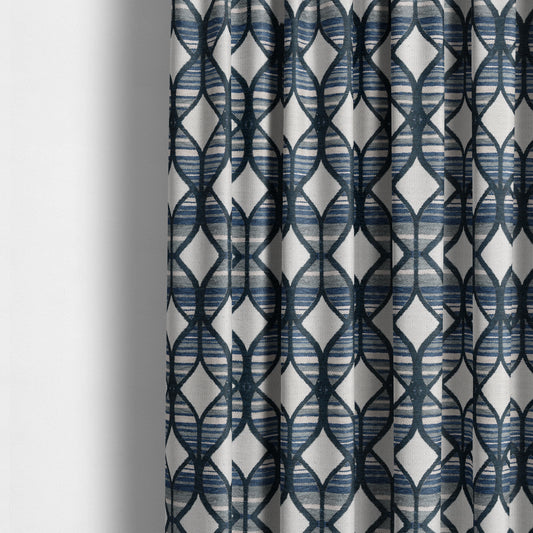 Geometric Pattern In Blue Colour Chenille Upholstery Fabric JO-774 - Made To Measure Curtains