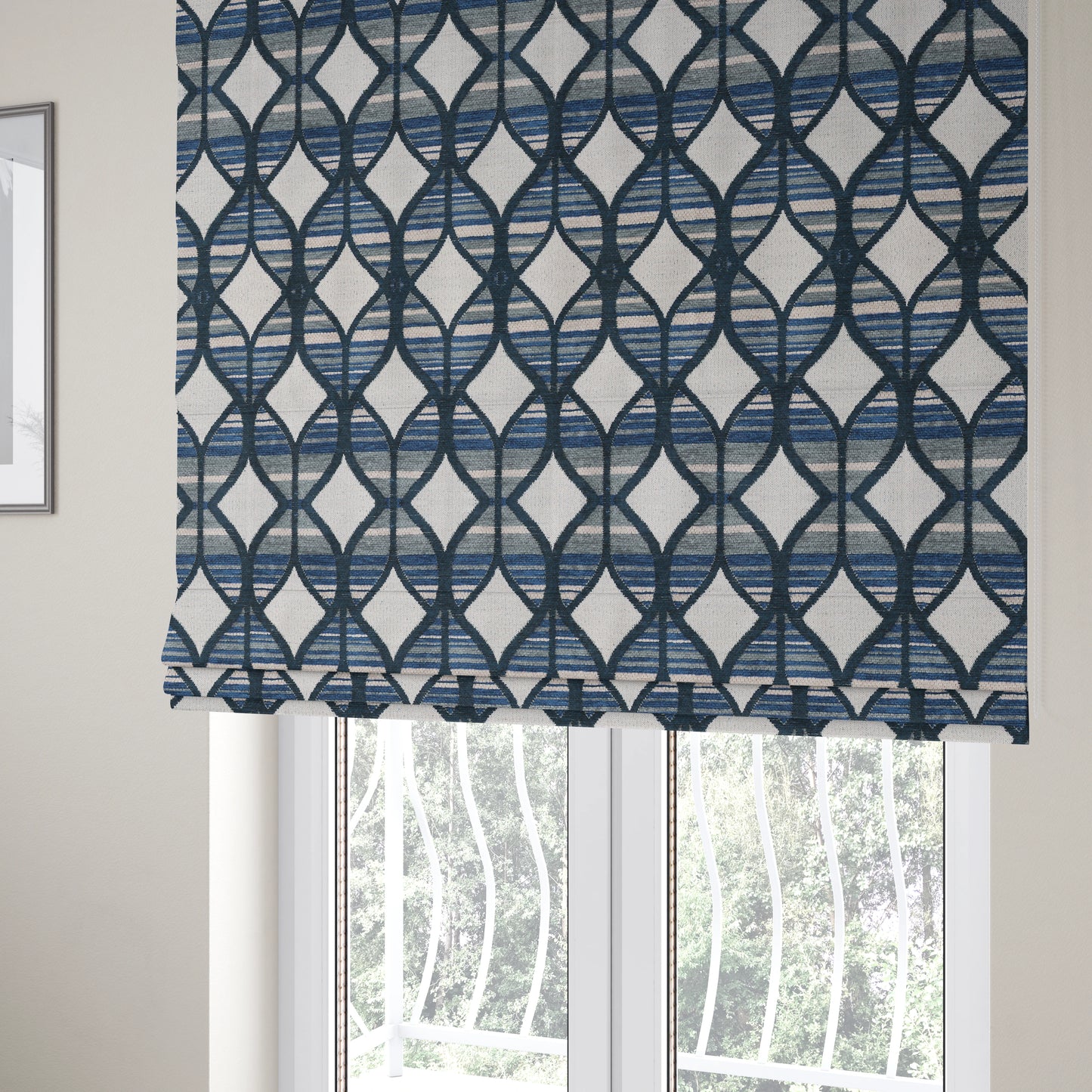 Geometric Pattern In Blue Colour Chenille Upholstery Fabric JO-774 - Roman Blinds