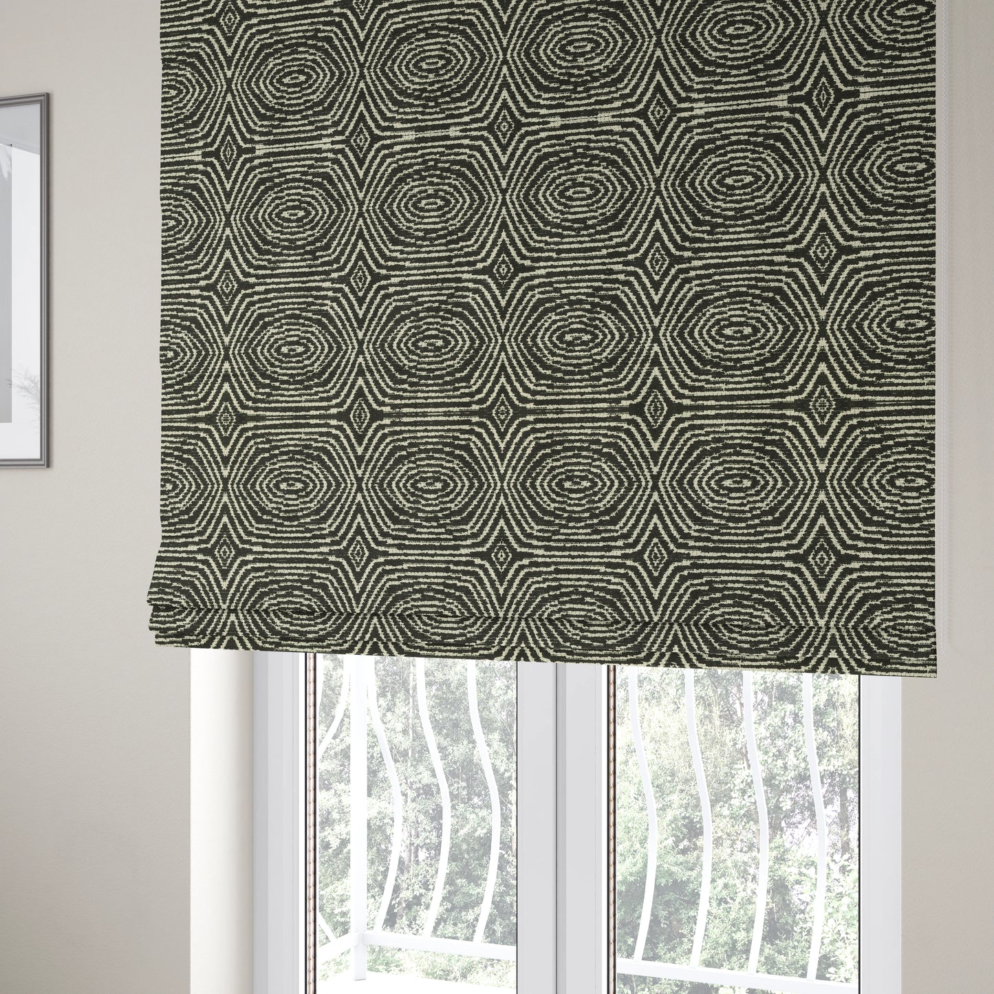 Swirl Geometric Pattern In Black Colour Chenille Upholstery Fabric JO-784 - Roman Blinds