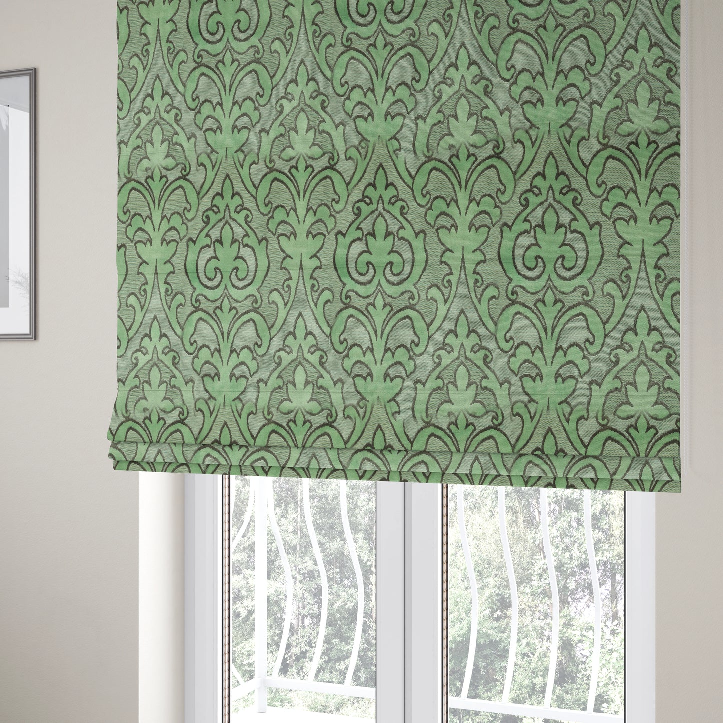 Traditional Damask Pattern In Green Grey Colour Velvet Upholstery Fabric JO-809 - Roman Blinds