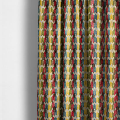 Ziani Geometric Chevron Stripe Pattern In Vibrant Green Pink Yellow Brown Blue Colour Velvet Upholstery Fabric JO-81 - Made To Measure Curtains