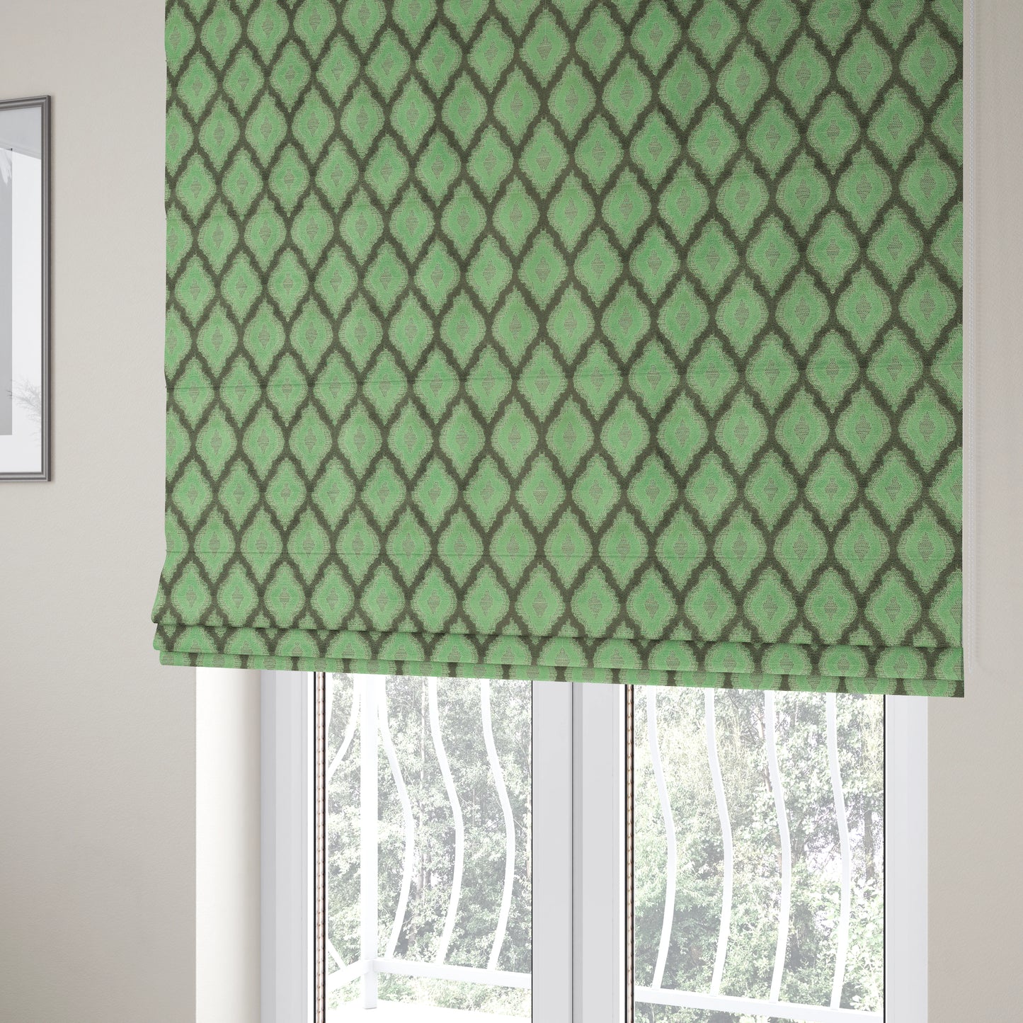 Geometric Uniformed Pattern In Green Grey Colour Velvet Upholstery Fabric JO-810 - Roman Blinds