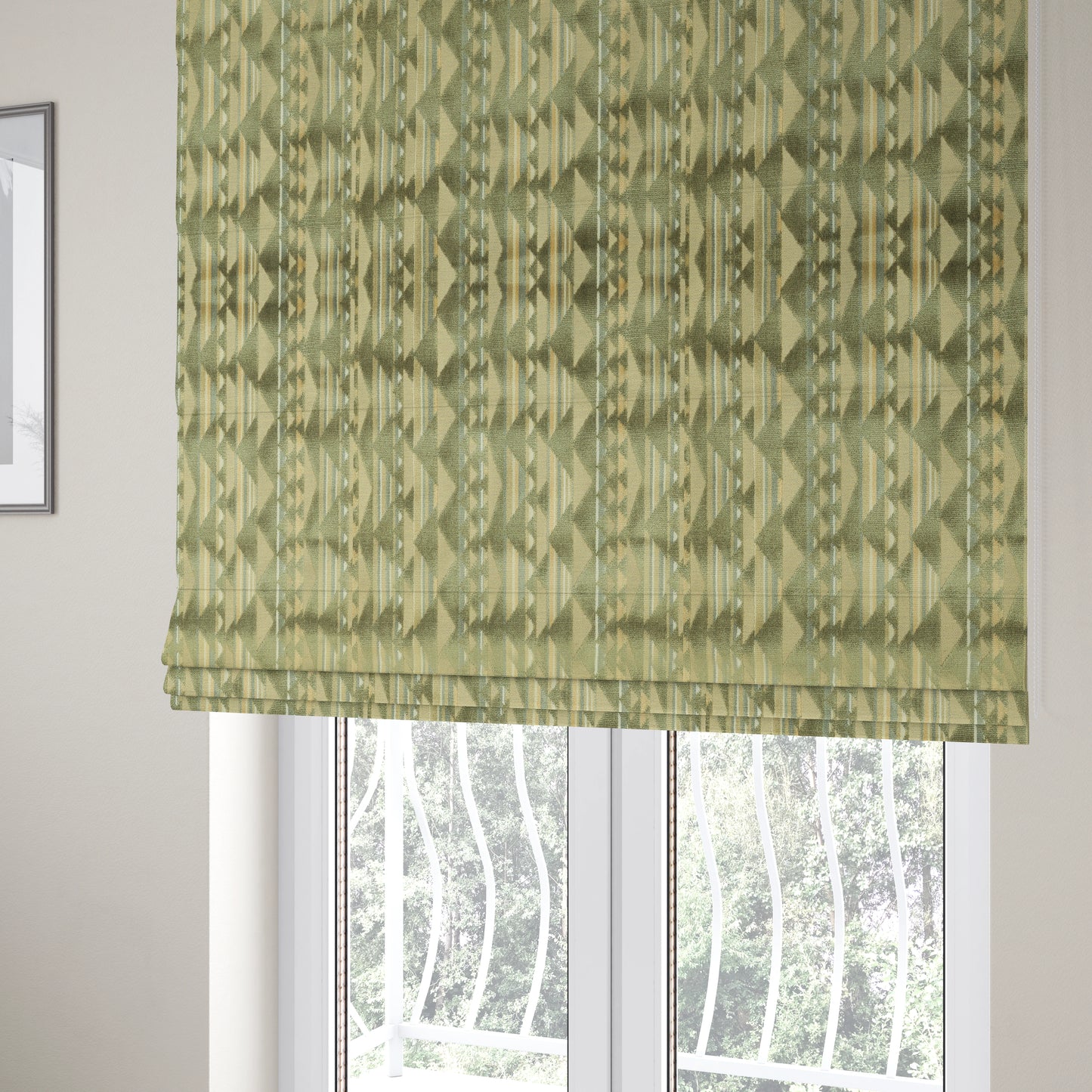 Le Triangle Pattern In Green Brown Colour Velvet Upholstery Fabric JO-823 - Roman Blinds