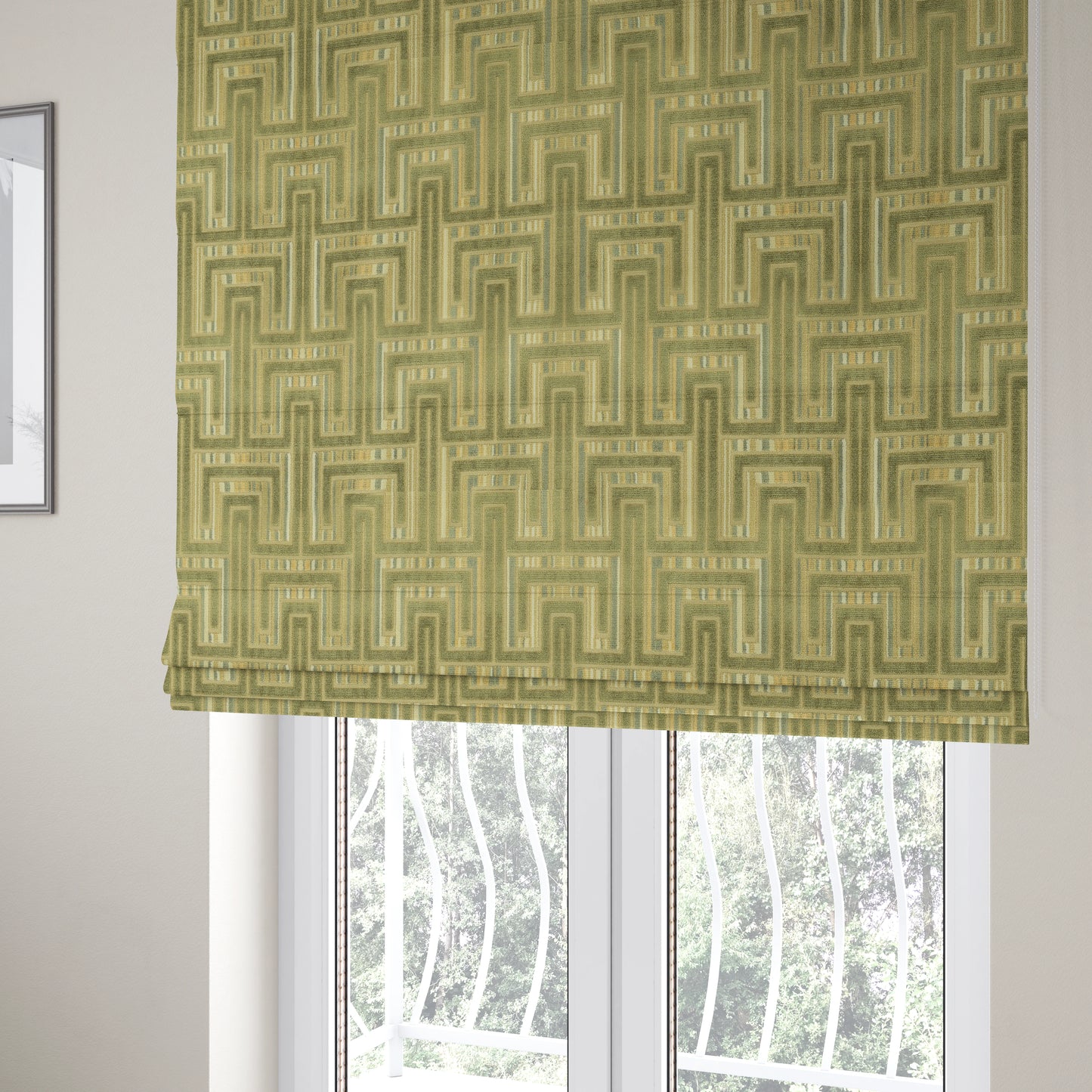 Maze Modern Pattern In Green Brown Colour Velvet Upholstery Fabric JO-824 - Roman Blinds