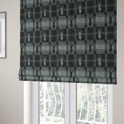 Highland Collection Luxury Soft Like Cotton Feel Stag Deer Head Animal Design On Checked Grey Black Background Chenille Upholstery Fabric JO-84 - Roman Blinds