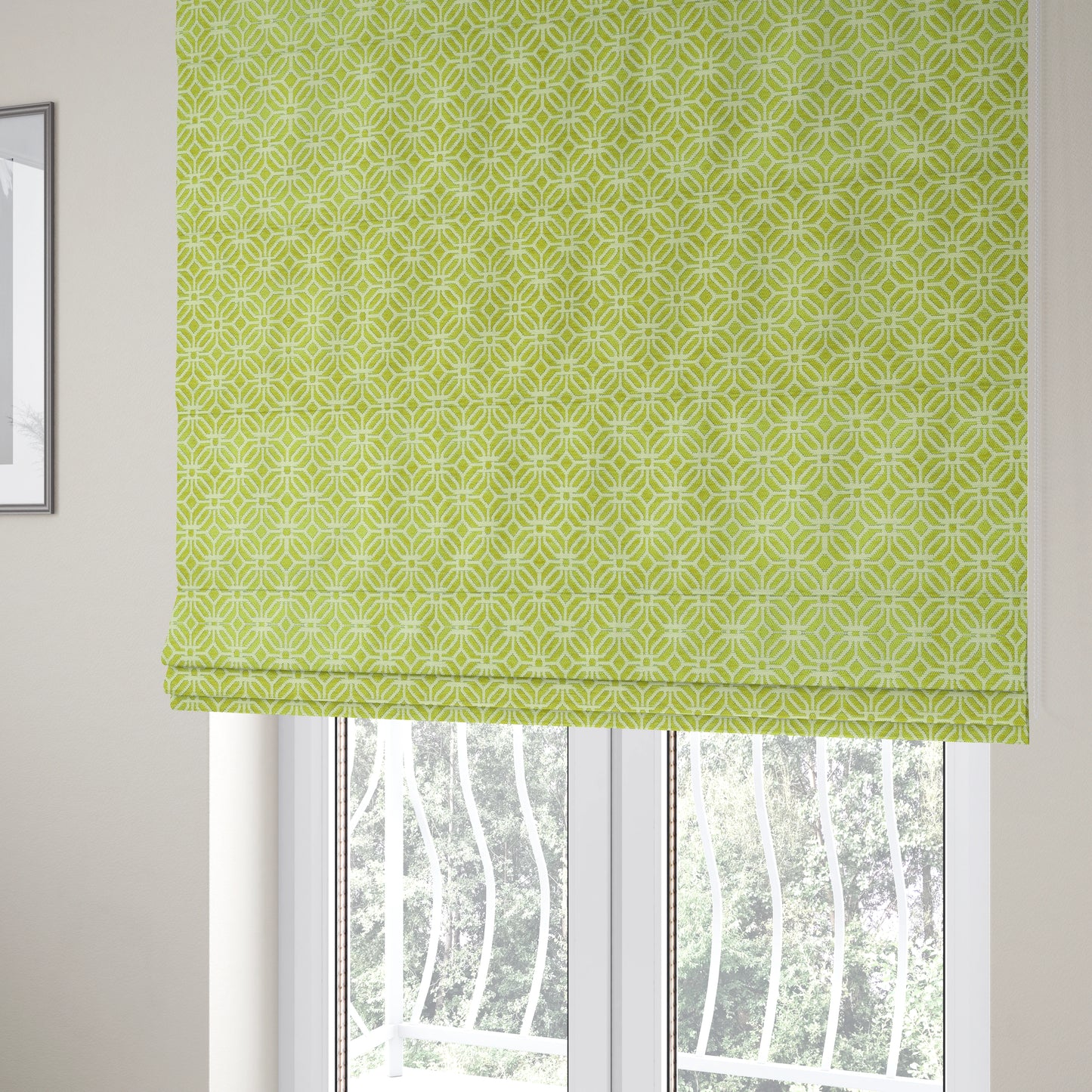 Green White Colour Square Medallion Patttern Chenille Upholstery Fabric JO-847 - Roman Blinds