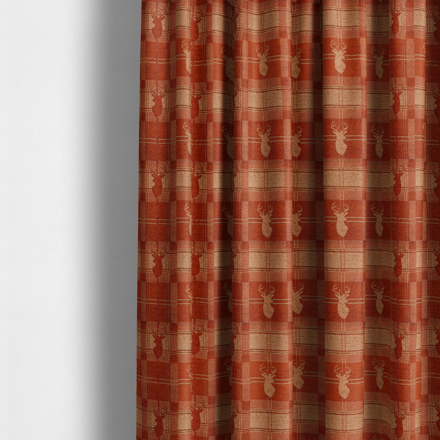 Highland Collection Luxury Soft Like Cotton Feel Stag Deer Head Animal Design On Checked Orange Peach Background Chenille Upholstery Fabric JO-85 - Made To Measure Curtains