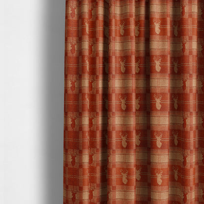 Highland Collection Luxury Soft Like Cotton Feel Stag Deer Head Animal Design On Checked Orange Peach Background Chenille Upholstery Fabric JO-85 - Made To Measure Curtains